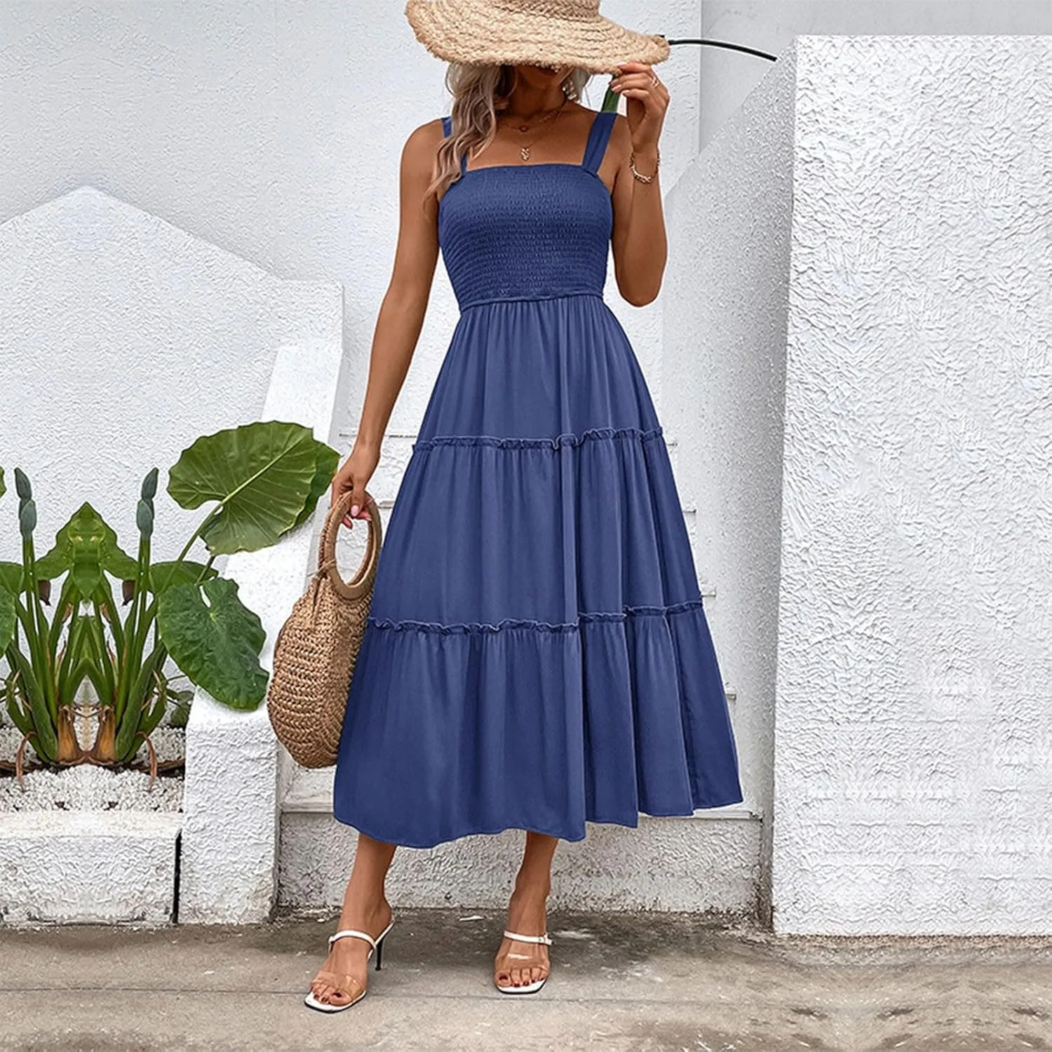 Summer Dresses for Women 2024 Casual Solid Color Maxi Sun Dress Sexy Slip Dress Trendy Summer Vacation Outfits