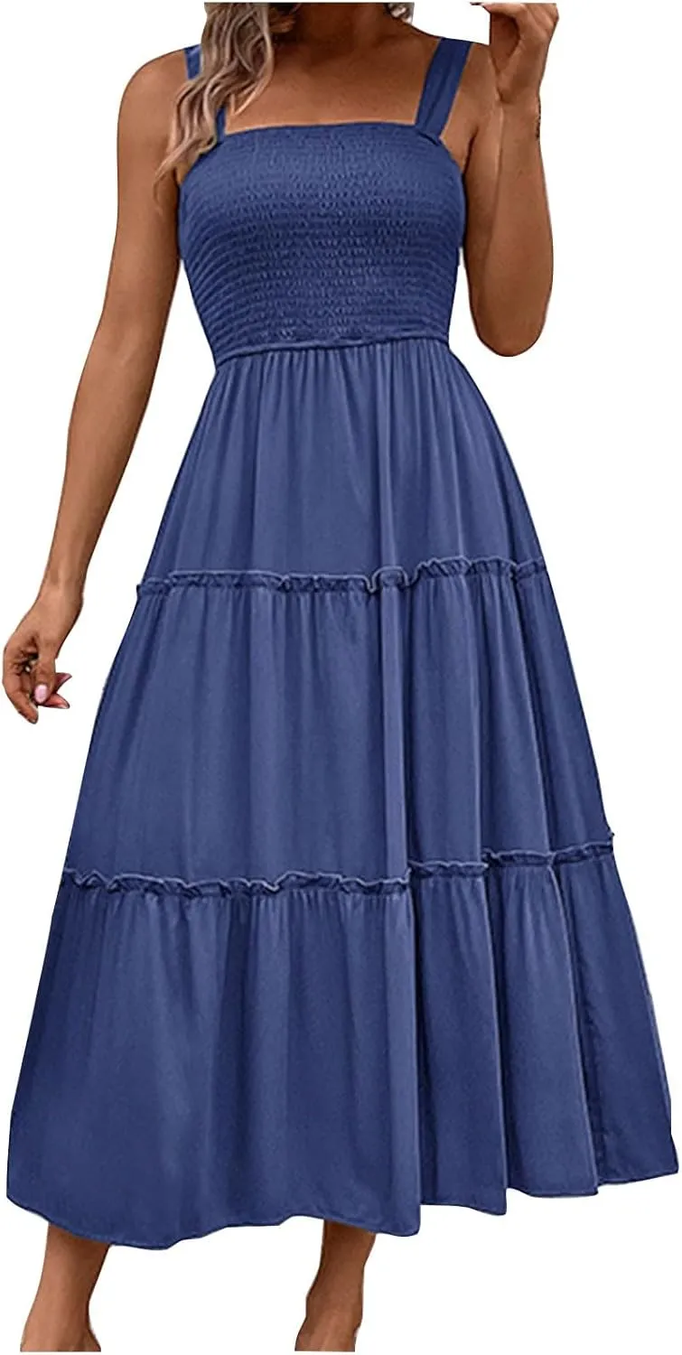 Summer Dresses for Women 2024 Casual Solid Color Maxi Sun Dress Sexy Slip Dress Trendy Summer Vacation Outfits