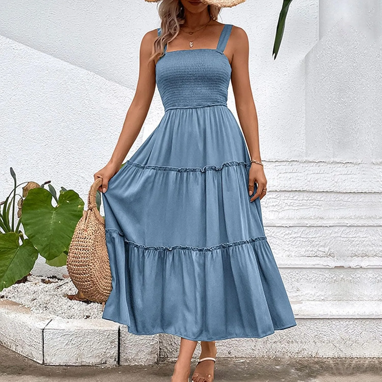Summer Dresses for Women 2024 Casual Solid Color Maxi Sun Dress Sexy Slip Dress Trendy Summer Vacation Outfits