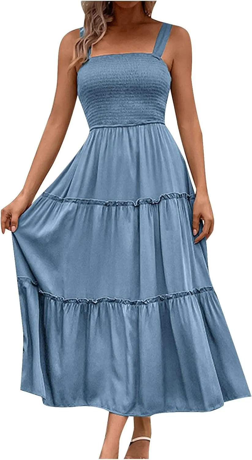 Summer Dresses for Women 2024 Casual Solid Color Maxi Sun Dress Sexy Slip Dress Trendy Summer Vacation Outfits