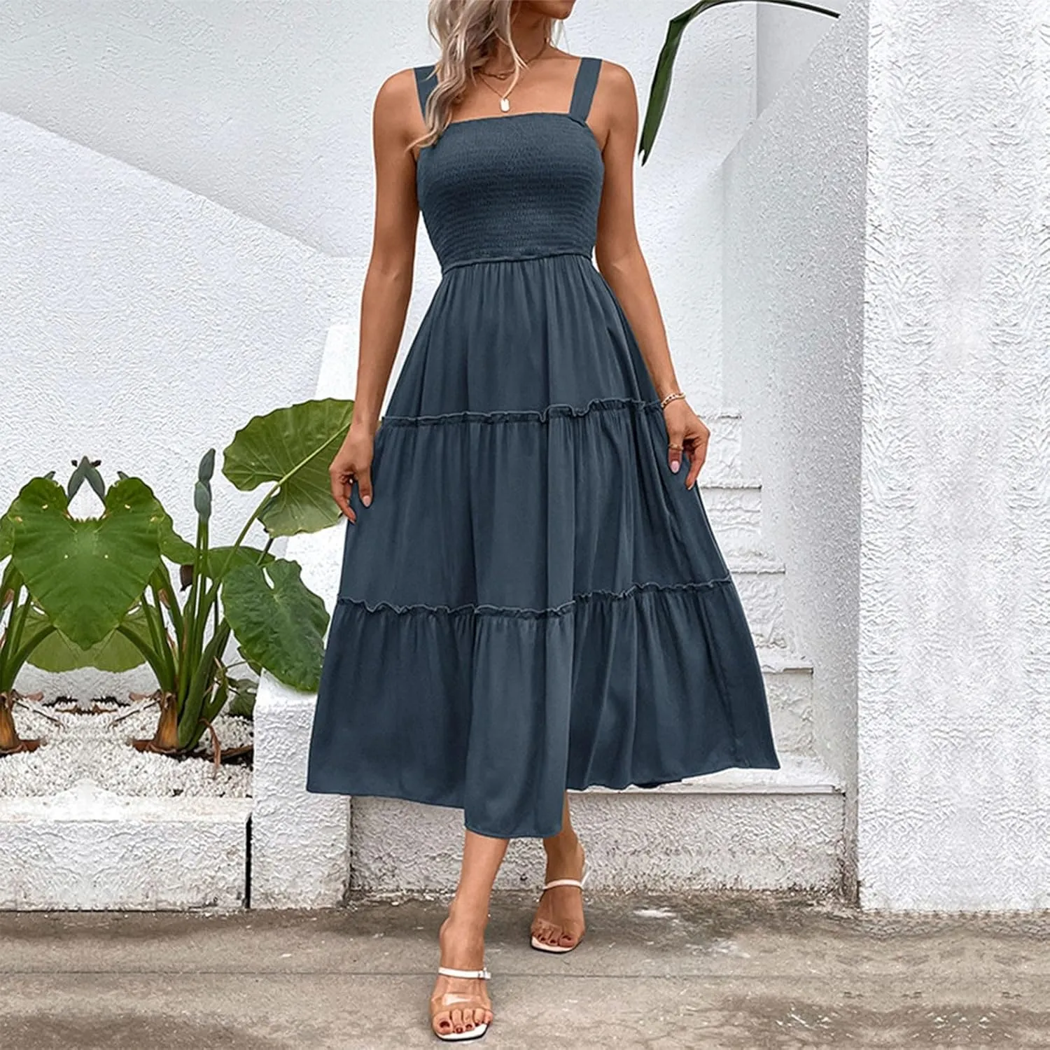 Summer Dresses for Women 2024 Casual Solid Color Maxi Sun Dress Sexy Slip Dress Trendy Summer Vacation Outfits