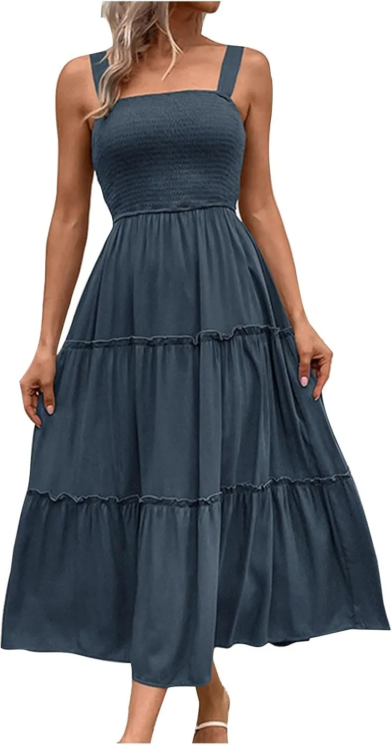 Summer Dresses for Women 2024 Casual Solid Color Maxi Sun Dress Sexy Slip Dress Trendy Summer Vacation Outfits