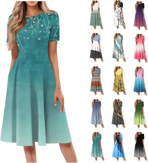 Summer Dresses for Women 2025 Elegant Short Sleeve Crewneck Flowy Midi Dress Casual Pleated Plus Size Beach Sundress