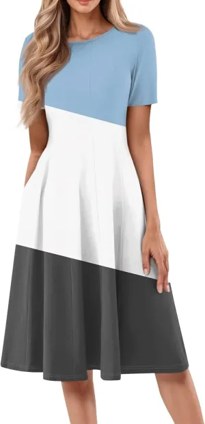 Summer Dresses for Women 2025 Elegant Short Sleeve Crewneck Flowy Midi Dress Casual Pleated Plus Size Beach Sundress
