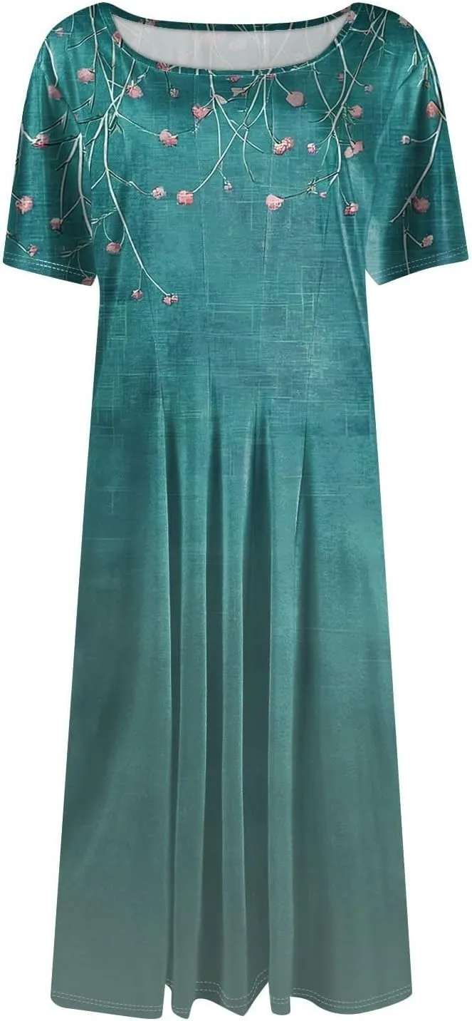 Summer Dresses for Women 2025 Elegant Short Sleeve Crewneck Flowy Midi Dress Casual Pleated Plus Size Beach Sundress