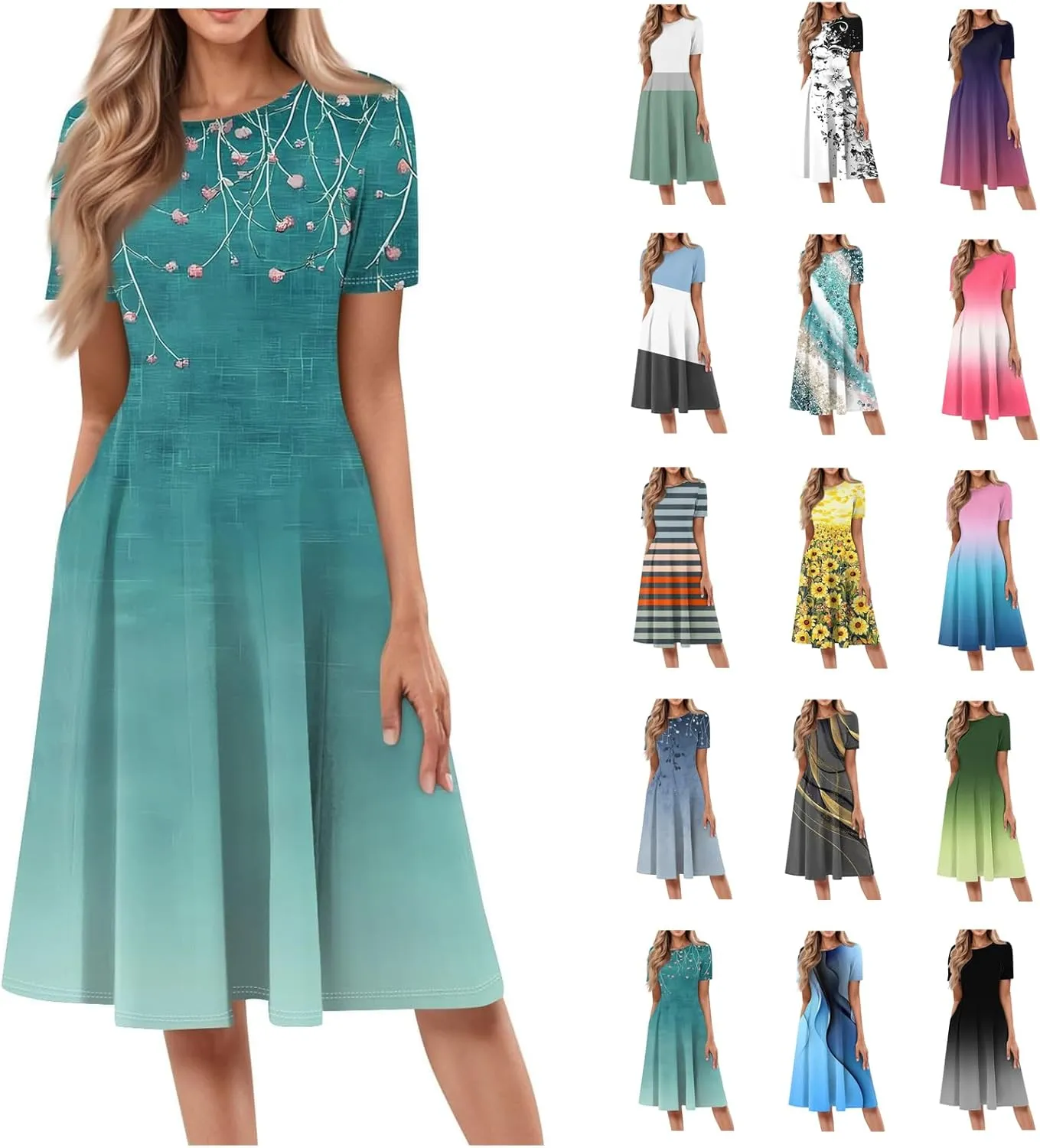 Summer Dresses for Women 2025 Elegant Short Sleeve Crewneck Flowy Midi Dress Casual Pleated Plus Size Beach Sundress