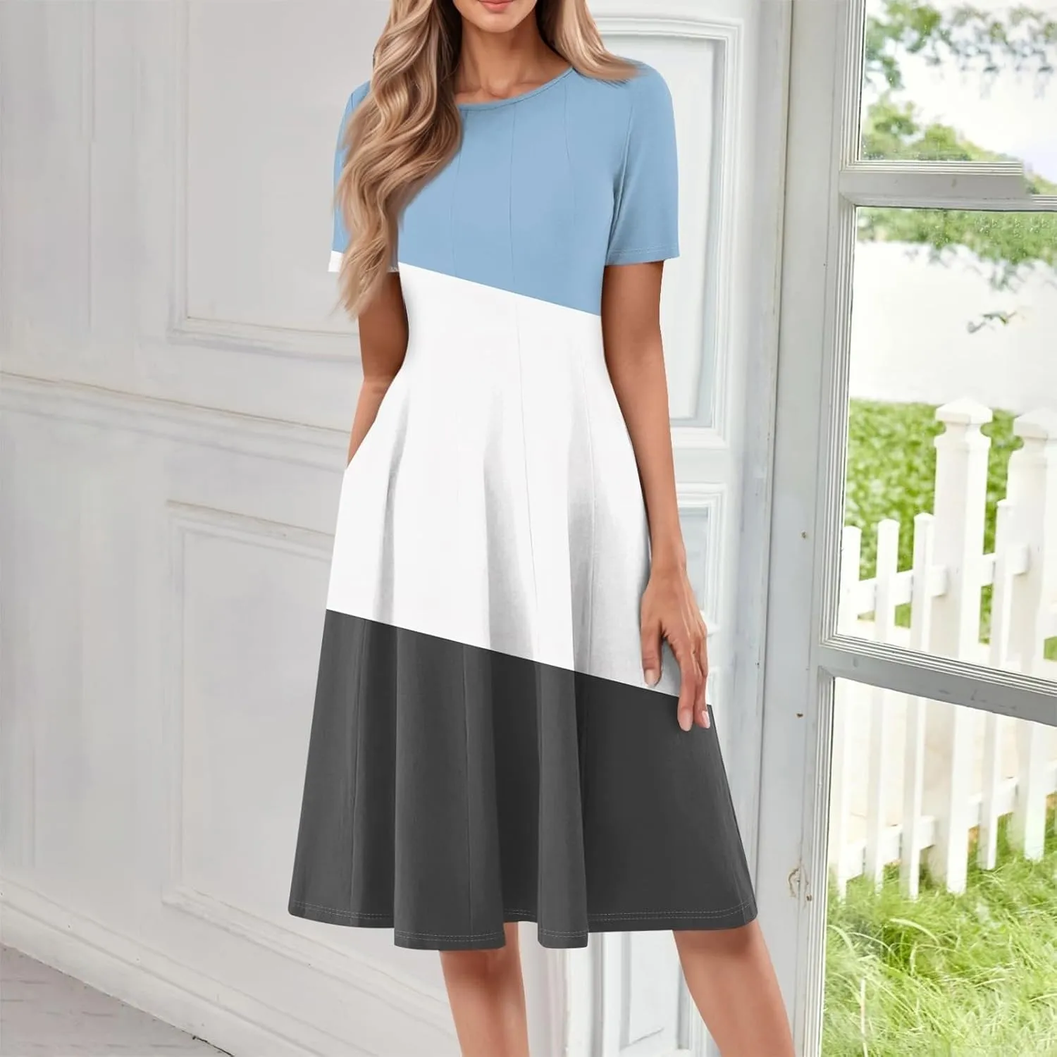Summer Dresses for Women 2025 Elegant Short Sleeve Crewneck Flowy Midi Dress Casual Pleated Plus Size Beach Sundress