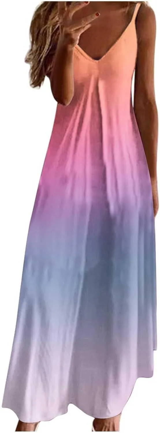 Summer Dresses for Women Vacation Floral Slip Dress Boho Maxi Sleeveless Dress Casual V Neck Beach Sundresses 2025