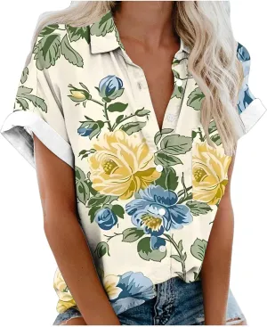 Summer Tops for Women 2024 Vacation Beach Vacation Short Sleeve Floral Print Shirts Casual Loose Bohemian Blouses