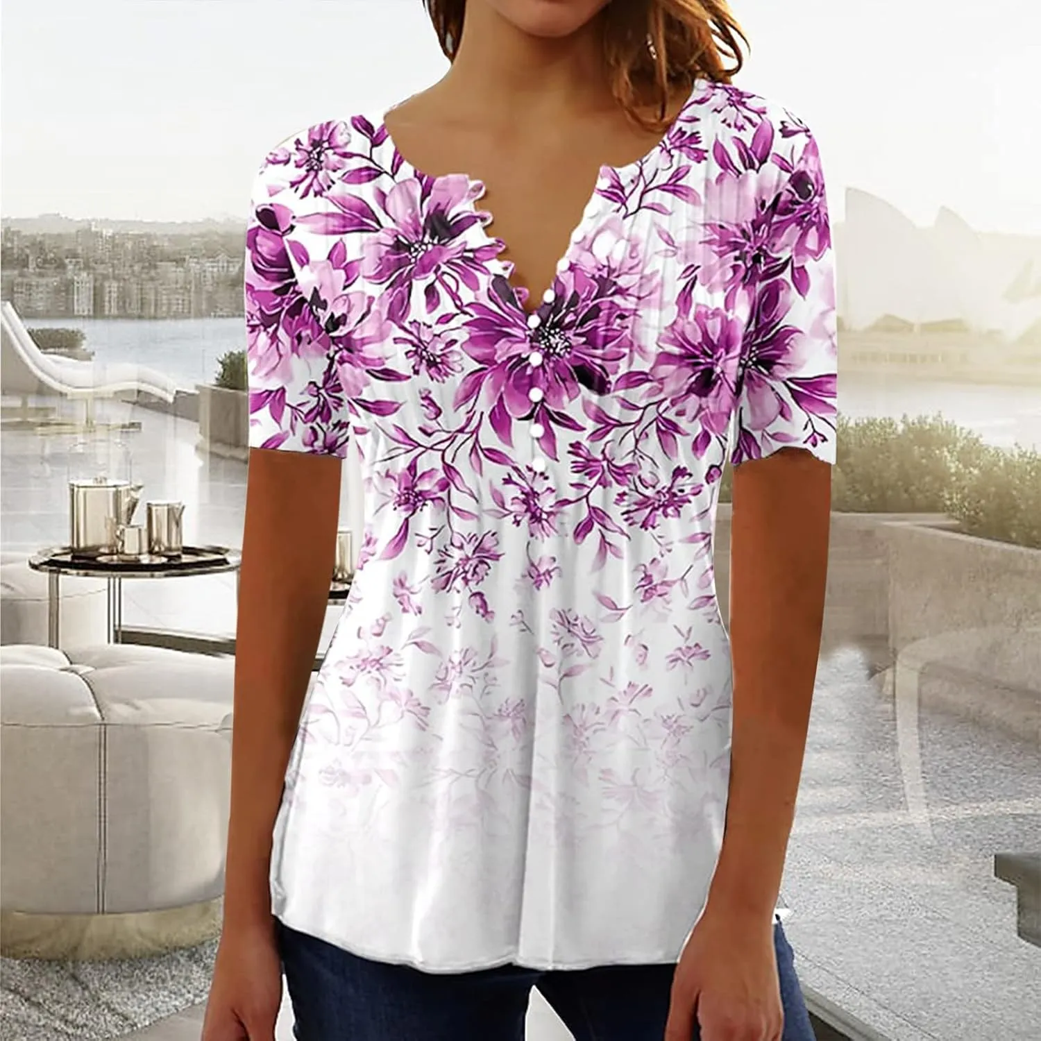 Summer Tops for Women 2025 Trendy Boho Floral Shirts Short Sleeve V Neck T-Shirt Graphic Tees Blouse
