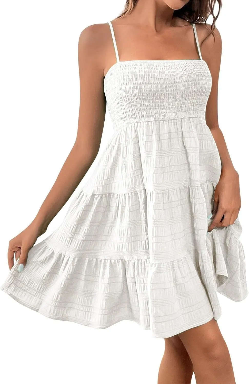 Sundresses for Women 2025 Sleeveless Adjustable Spaghetti Strap Mini Dresses Smocked Tiered A Line Swing Slip Dress