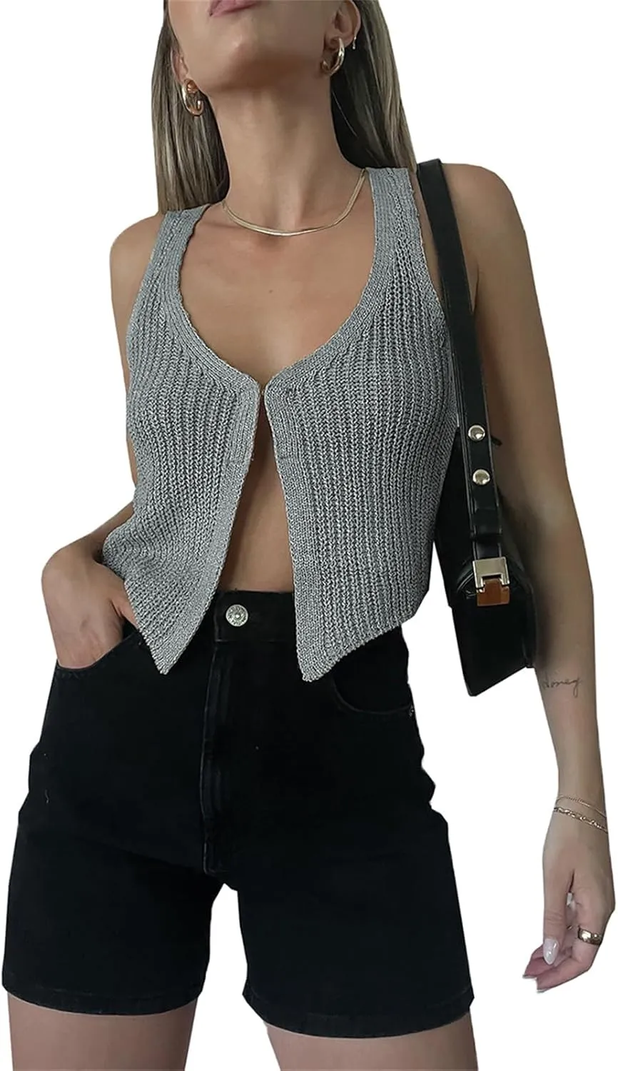 Sunloudy Knit Vest Tops for Women Sleeveless V Neck Button Down Sweater Vest Solid Color Crochet Tank Tops Streetwear