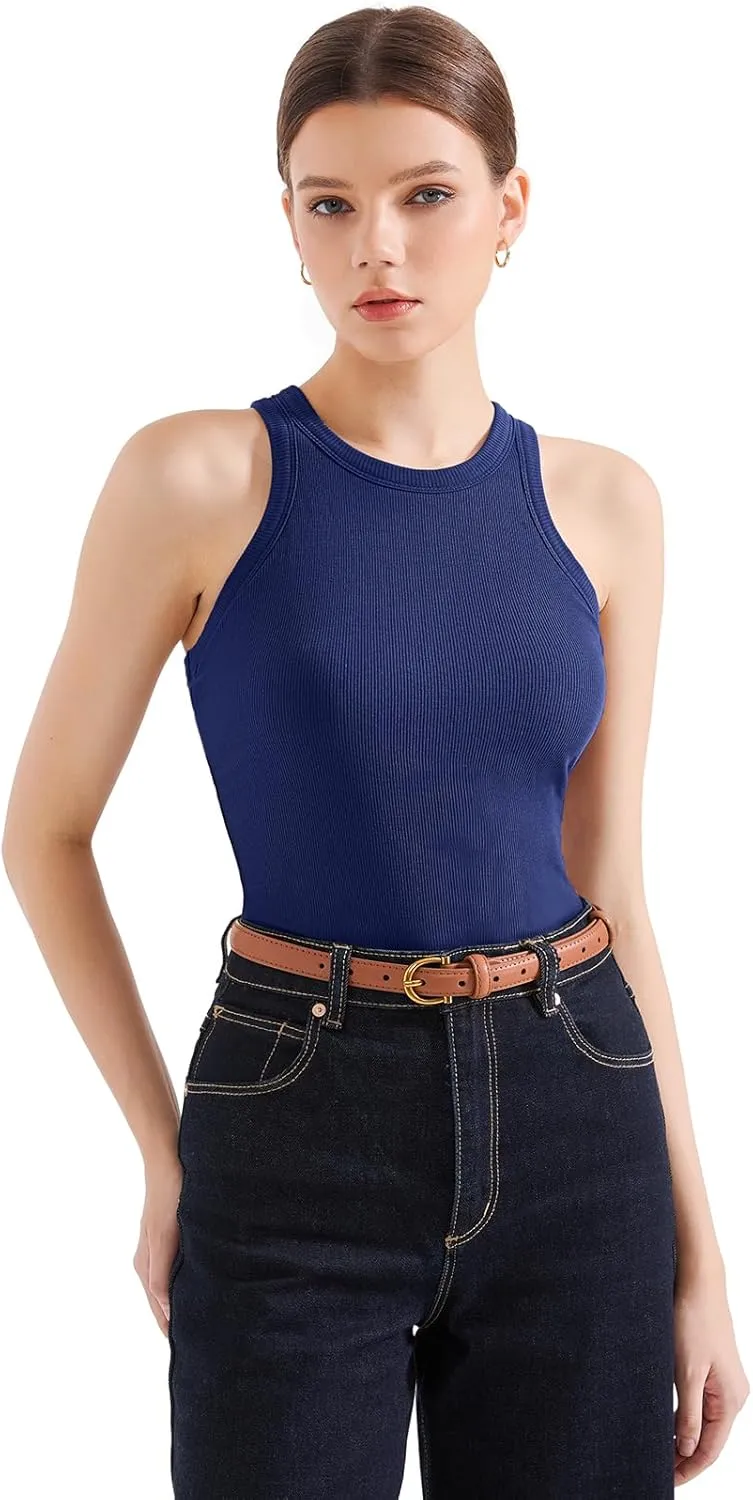 SUUKSESS Women Padded Cotton Ribbed Tank Tops 2025 High Neck Racerback Basic Tops
