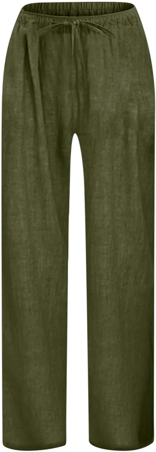 Teen Girls Casual Cotton Linen Pants Lightweight Summer Wide Leg Pant Loose Elastic Waist Plus Size Lounge Long Trousers