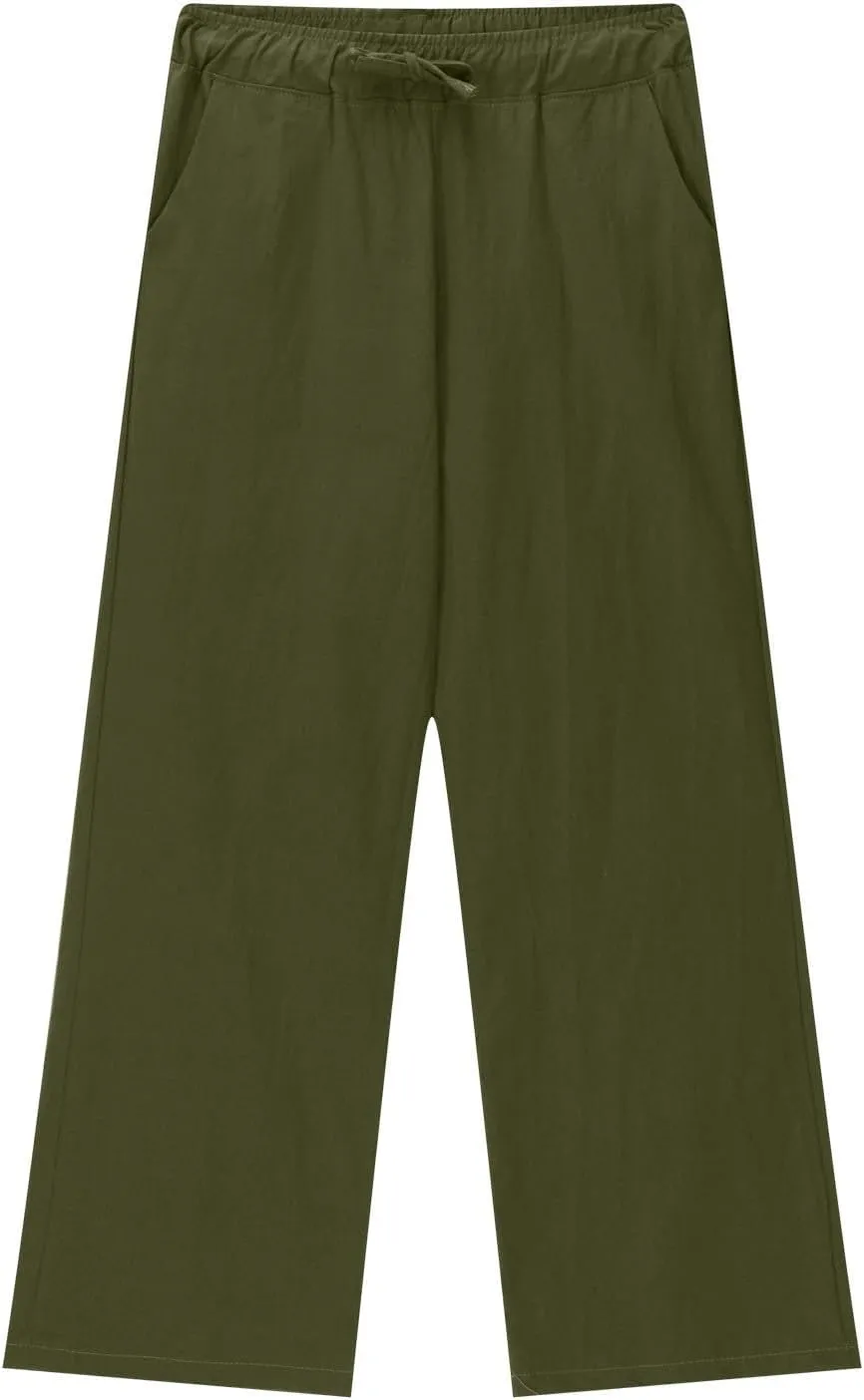 Teen Girls Casual Cotton Linen Pants Lightweight Summer Wide Leg Pant Loose Elastic Waist Plus Size Lounge Long Trousers