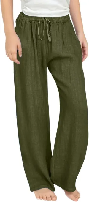 Teen Girls Casual Cotton Linen Pants Lightweight Summer Wide Leg Pant Loose Elastic Waist Plus Size Lounge Long Trousers