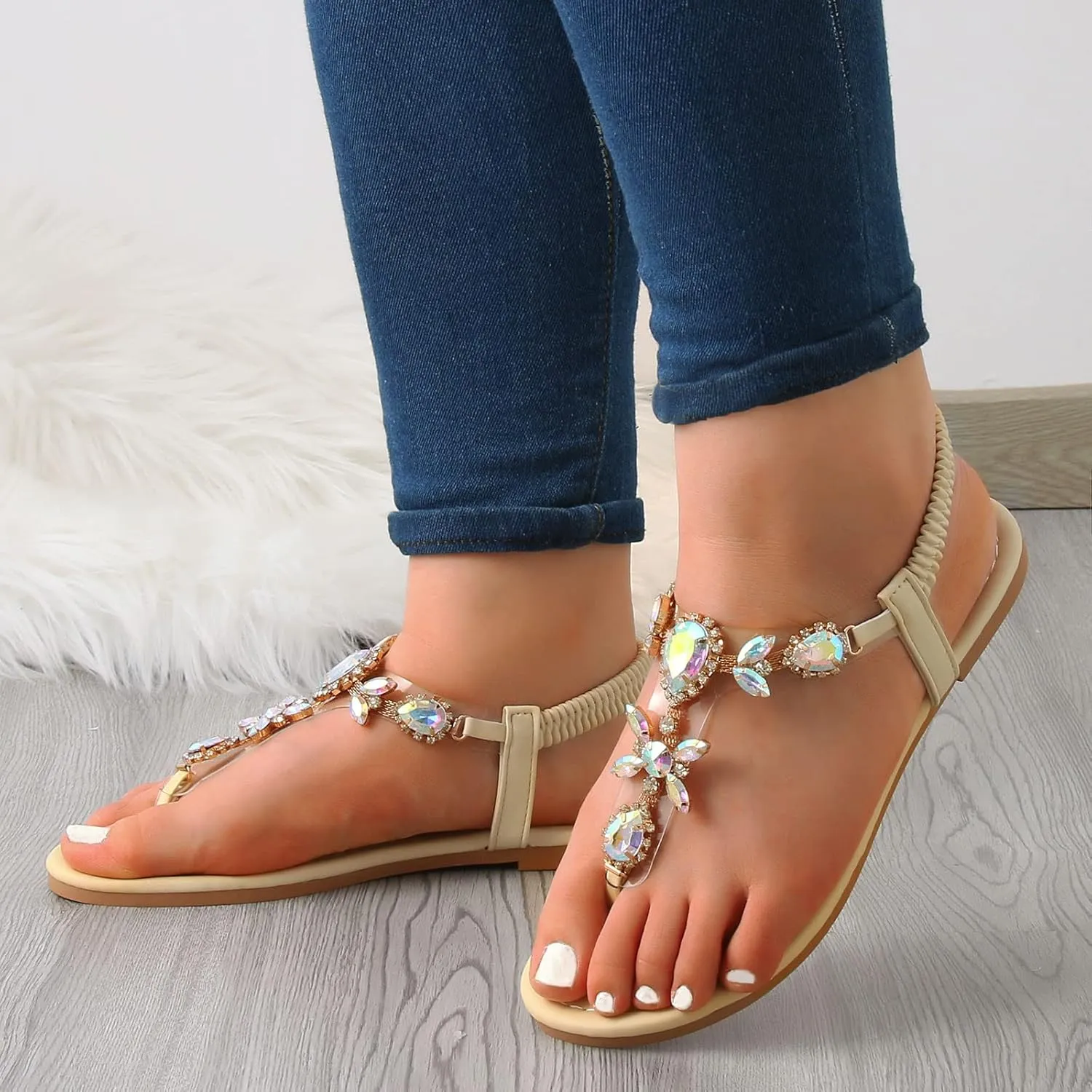 Thong Sandals for Women Rhinestones Elastic Band Flip Flops Flats Ladies Boho Summer Low Heel Sandals Casual Flat Shoes