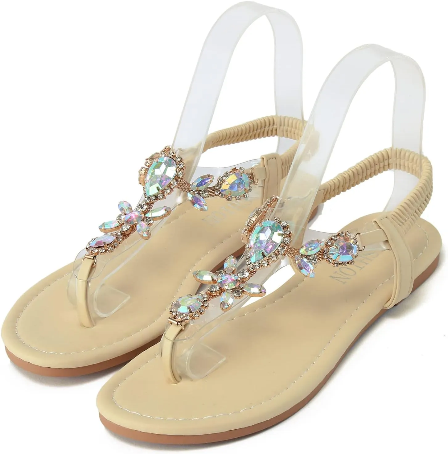 Thong Sandals for Women Rhinestones Elastic Band Flip Flops Flats Ladies Boho Summer Low Heel Sandals Casual Flat Shoes