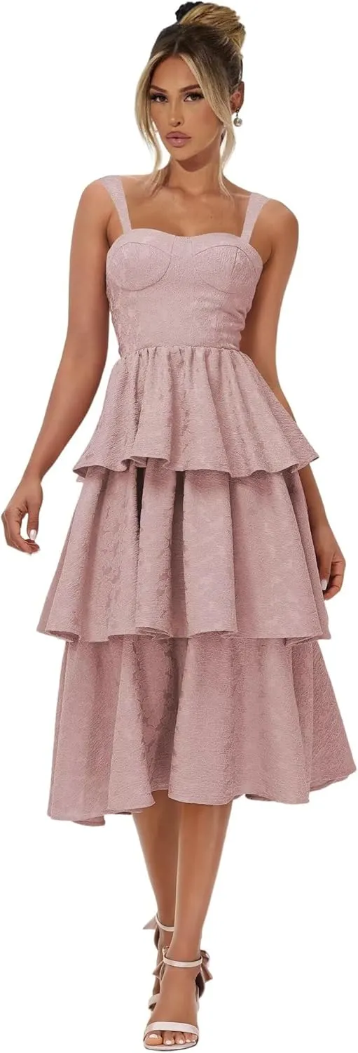 Tiered Jacquard Satin Prom Dresses Tea Length Wedding Guest Dress Floral Print Formal Evening Gowns