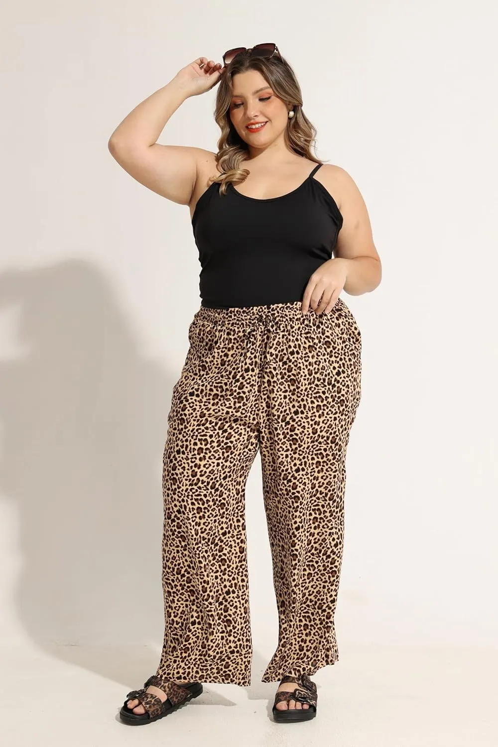 TIYOMI Plus Size Wide Leg Pants for Women Elastic Drawstring Pants High Waisted Lounge Pants XL-5XL