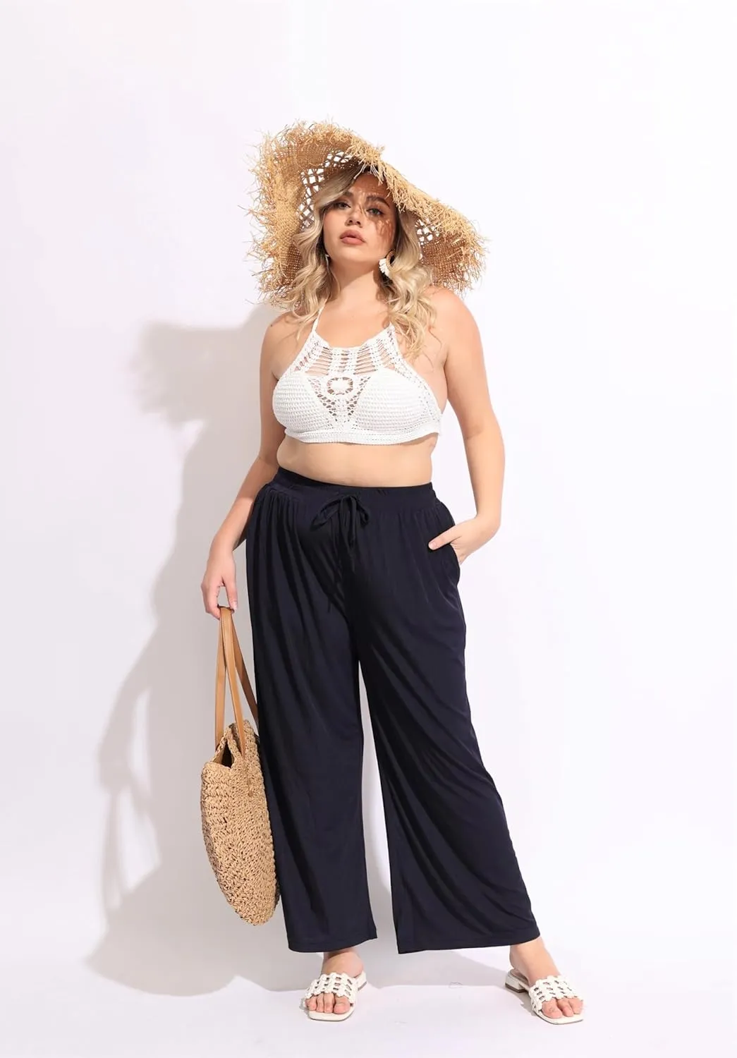 TIYOMI Plus Size Wide Leg Pants for Women Elastic Drawstring Pants High Waisted Lounge Pants XL-5XL