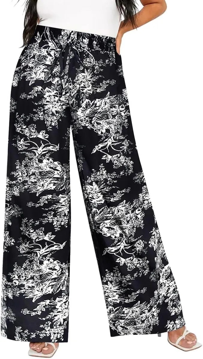 TIYOMI Plus Size Wide Leg Pants for Women Elastic Drawstring Pants High Waisted Lounge Pants XL-5XL
