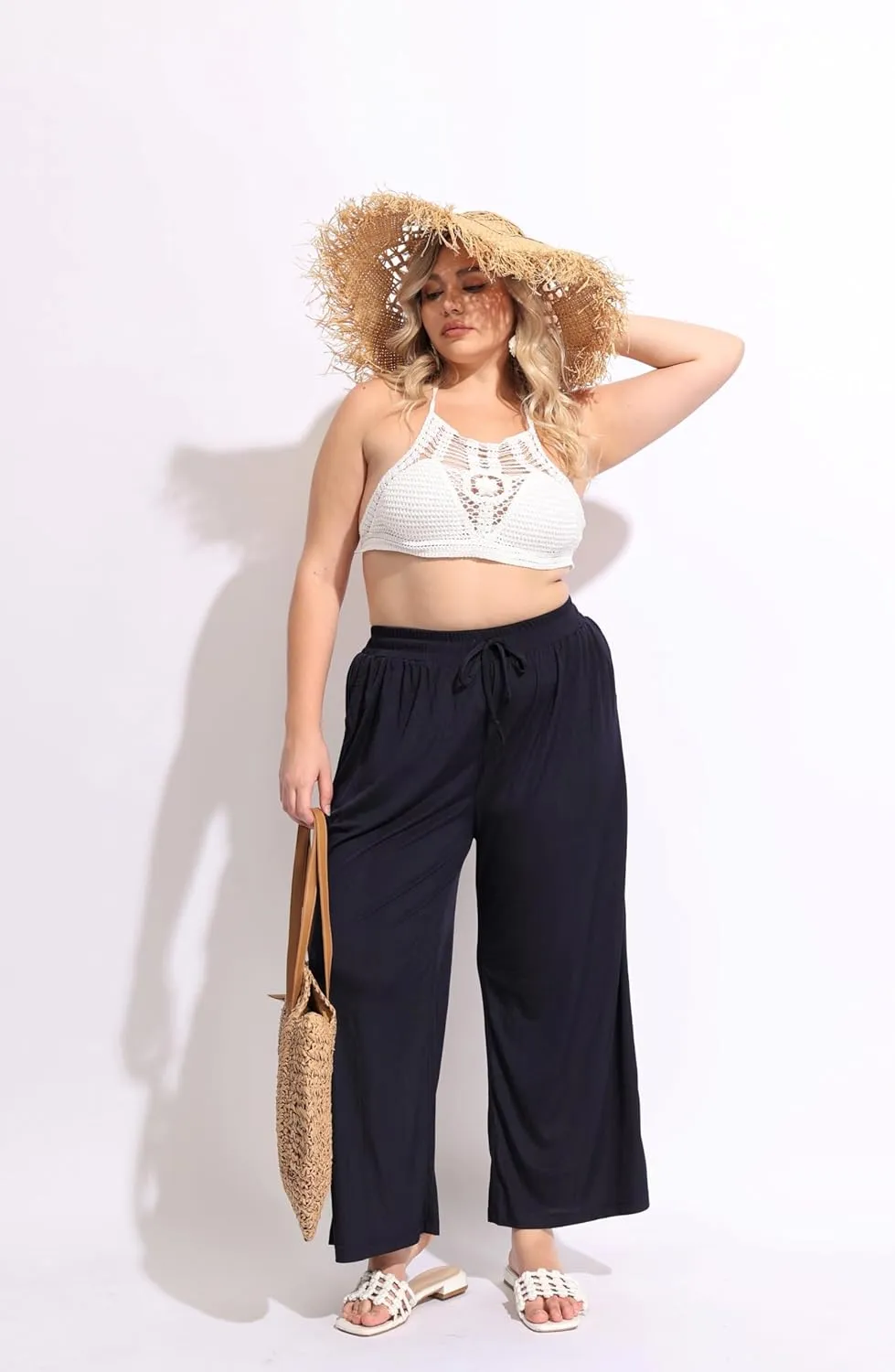 TIYOMI Plus Size Wide Leg Pants for Women Elastic Drawstring Pants High Waisted Lounge Pants XL-5XL