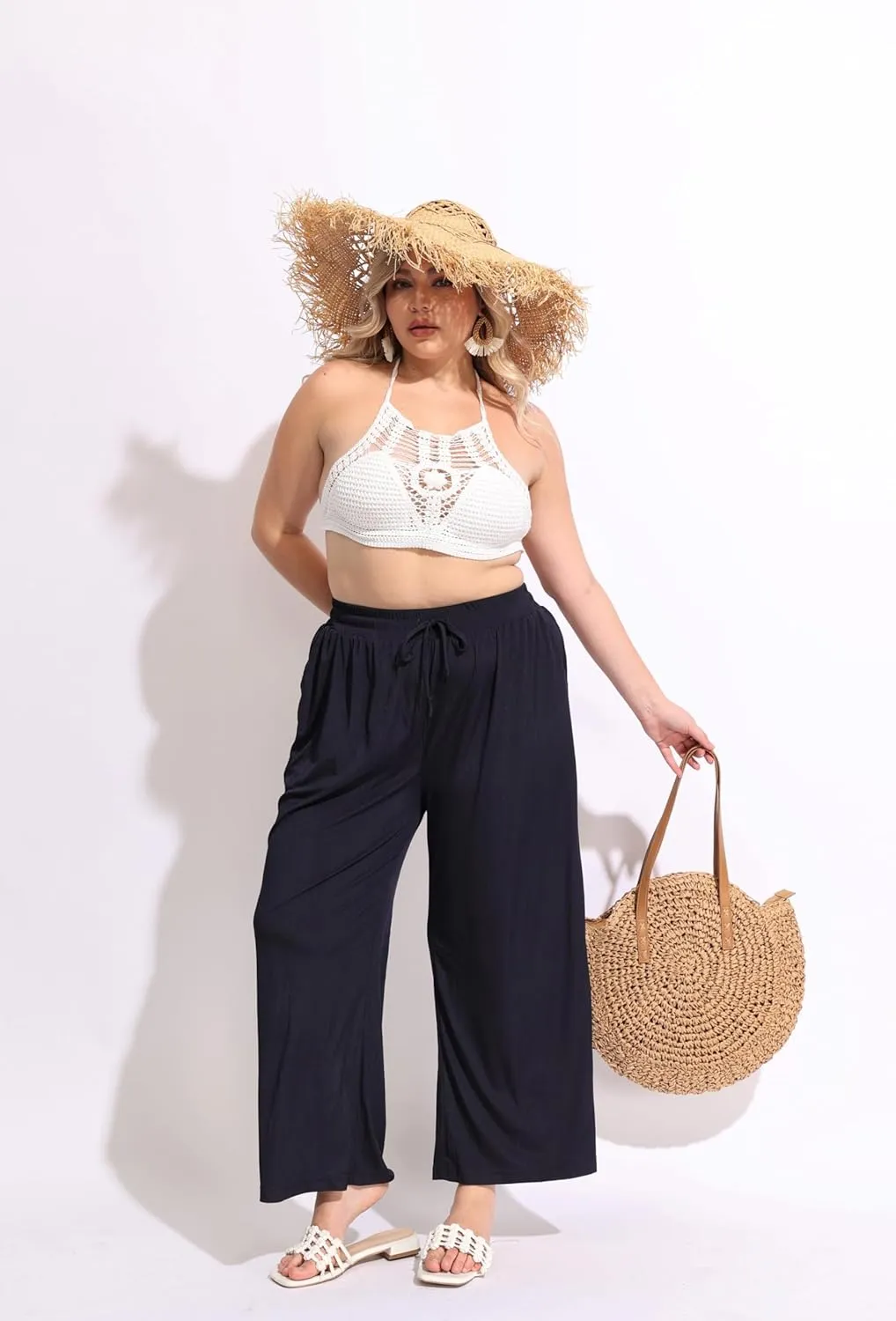TIYOMI Plus Size Wide Leg Pants for Women Elastic Drawstring Pants High Waisted Lounge Pants XL-5XL