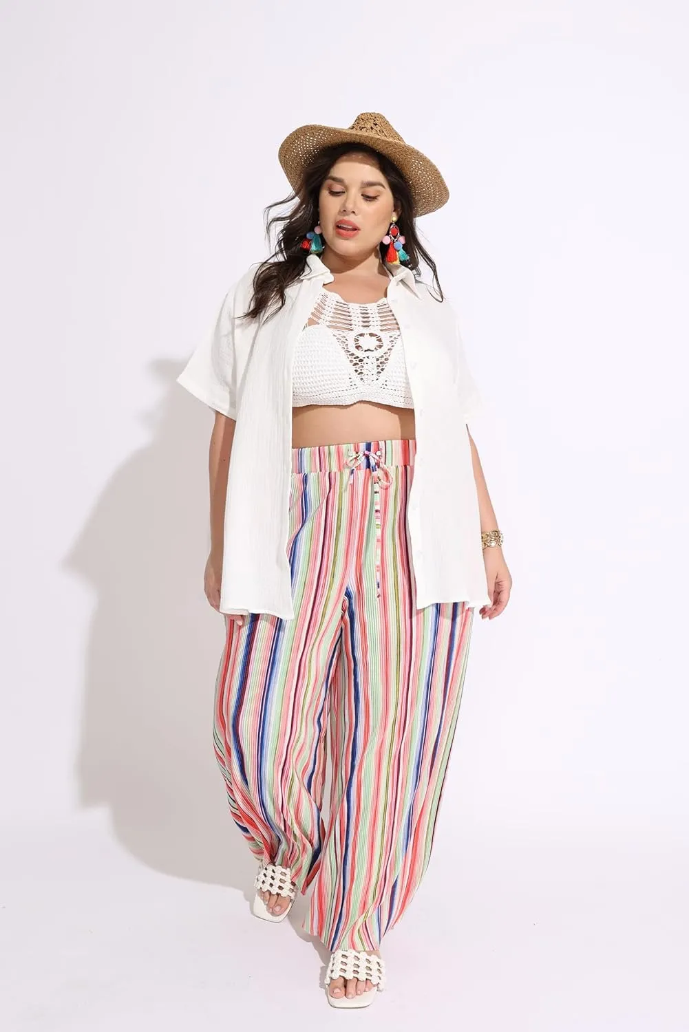 TIYOMI Plus Size Wide Leg Pants for Women Elastic Drawstring Pants High Waisted Lounge Pants XL-5XL
