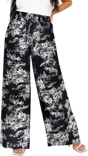 TIYOMI Plus Size Wide Leg Pants for Women Elastic Drawstring Pants High Waisted Lounge Pants XL-5XL