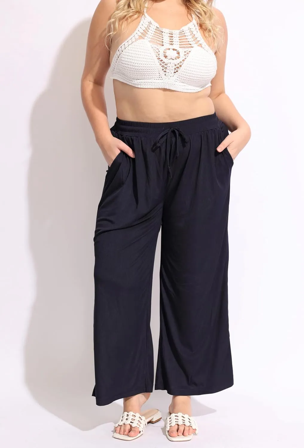 TIYOMI Plus Size Wide Leg Pants for Women Elastic Drawstring Pants High Waisted Lounge Pants XL-5XL