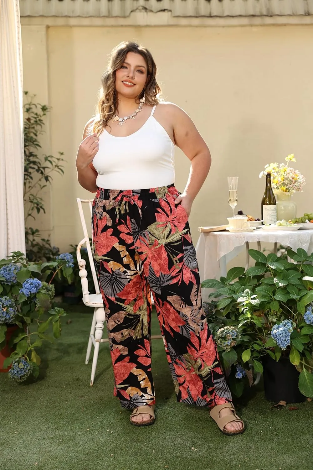 TIYOMI Plus Size Wide Leg Pants for Women Elastic Drawstring Pants High Waisted Lounge Pants XL-5XL