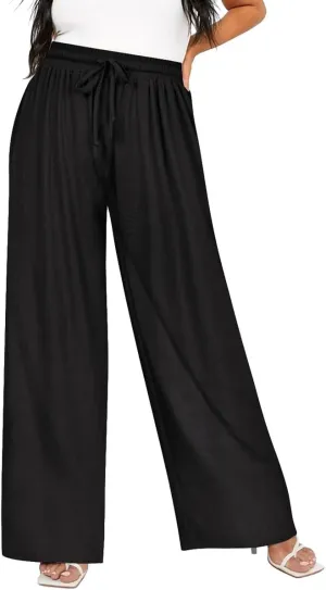TIYOMI Plus Size Wide Leg Pants for Women Elastic Drawstring Pants High Waisted Lounge Pants XL-5XL