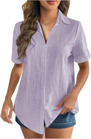 Tops for Women Trendy 2025 Fashion Summer Spring Short Sleeve Tee Shirts Casual Lapel Button Down Shirts Business