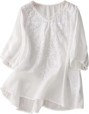 Tops for Women Trendy Summer 2025 Cotton Linen Embroidered T-Shirts Short Sleeve V Neck Blouses Casual Loose Fit Outfits