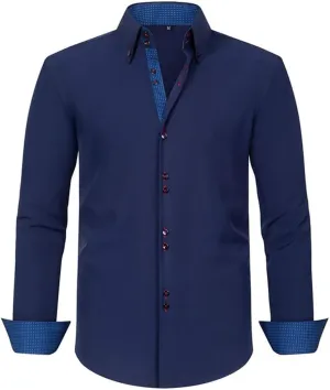 TopTie Men Button Down Shirt Long Sleeve Color-Blocked Wrinkle-Resistant Slim Fit Business Casual Dress