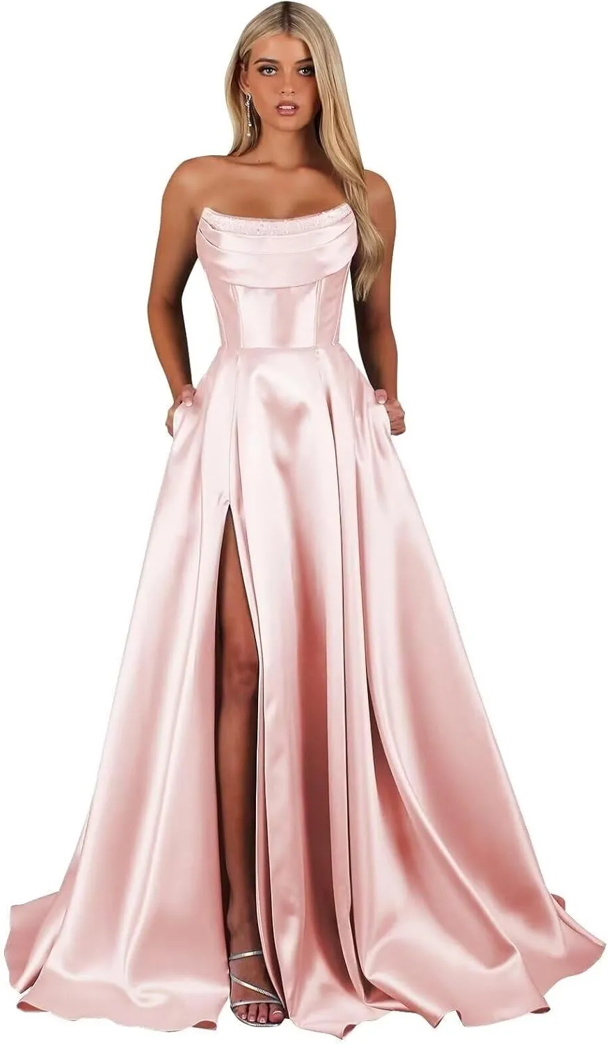 TORYEMY Strapless Satin Prom Dresses for Women 2025 with Pockets Long A Line Corset Formal Evening Ball Gown with Slit