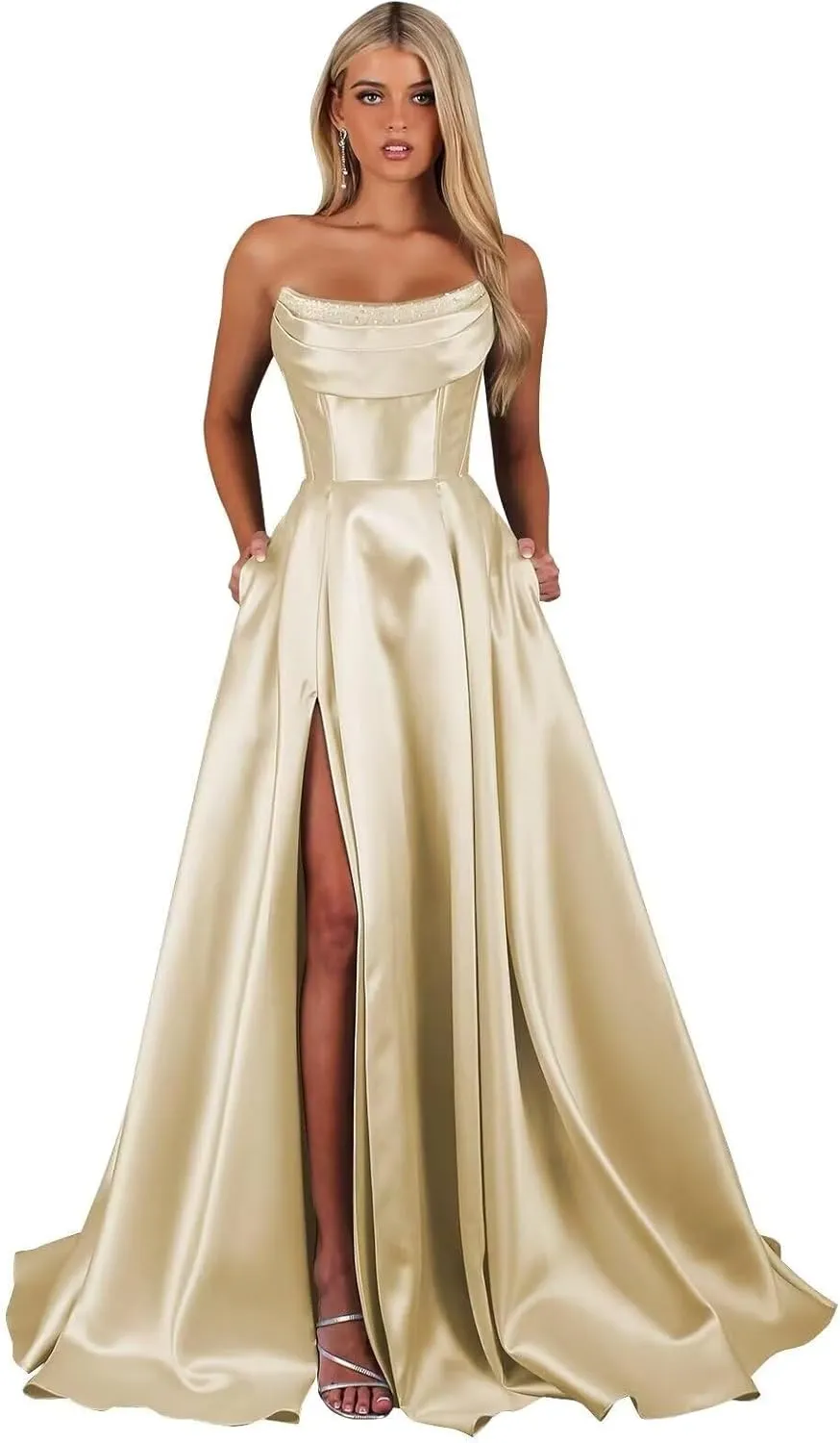 TORYEMY Strapless Satin Prom Dresses for Women 2025 with Pockets Long A Line Corset Formal Evening Ball Gown with Slit