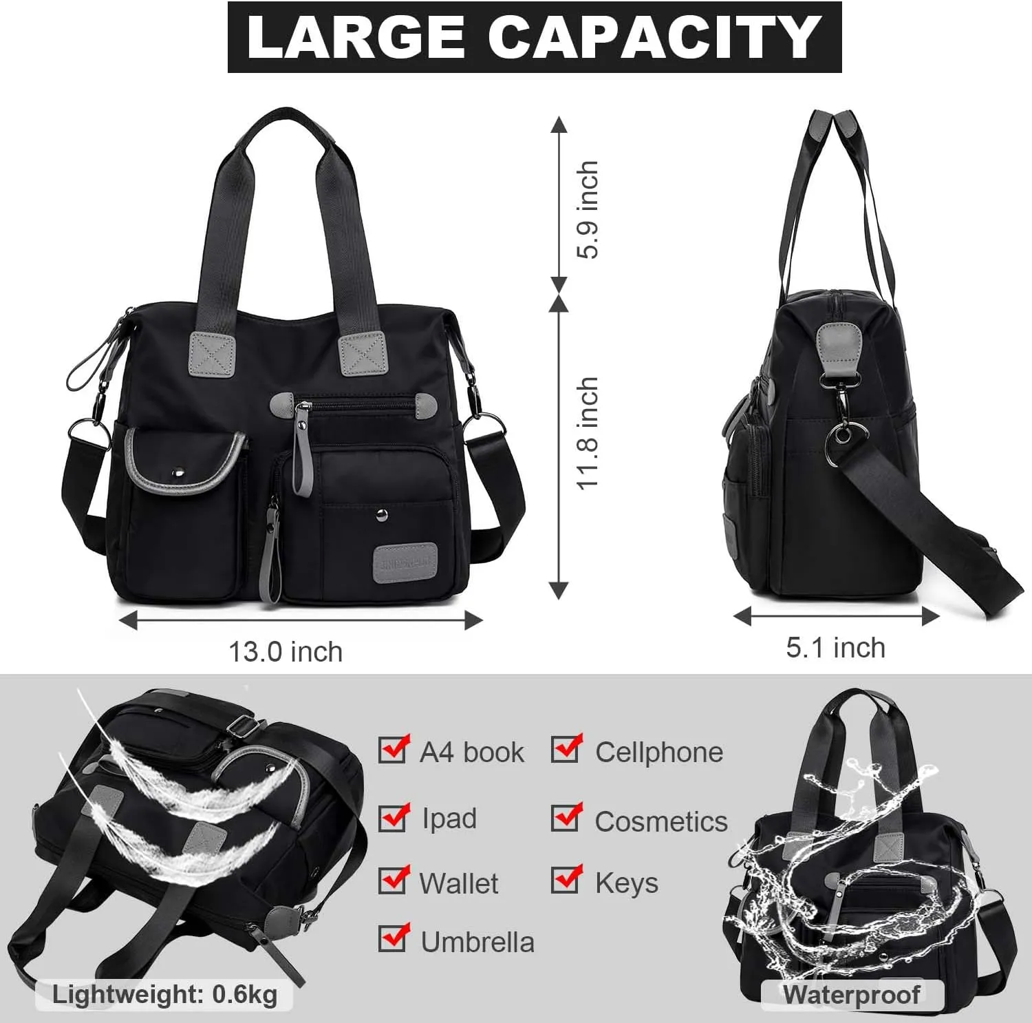 Tote Bag for Women,Multi Pockets Shoulder Handbag,Nurse Bag for Work,Large Cross body Purse,Fashion Nylon Top Handle Satchel