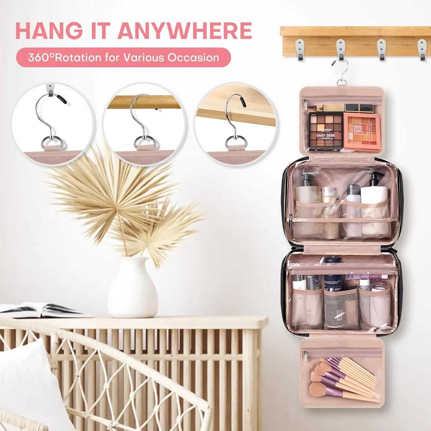 Travel Size Toiletry Bag for Women, Portable Cosmetic Bag with Hanging Hook, Travel Essentials Water-resistant Makeup Organizer for Accessories, Shampoo, Full-size Container, Toiletries