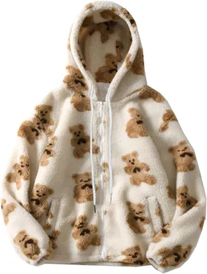 tuduoms Women's Sherpa Zip Up Hoodies Cute Bear Graphic Oversized Fleece Sweatshirts Warm Winter Trendy Jacket for Teen Girls