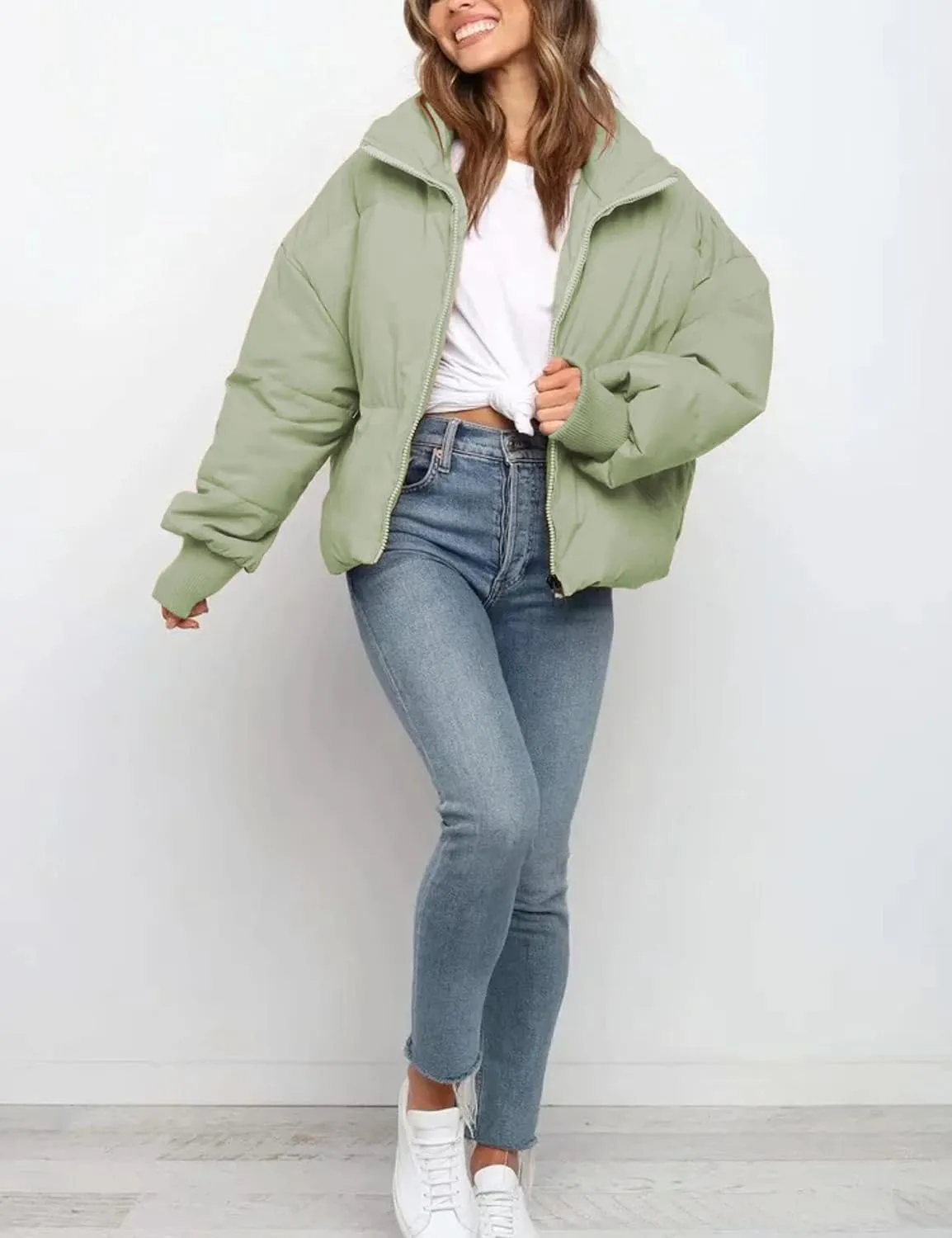 UANEO Puffer Jacket Womens Oversized Cropped Puffy Quilted Winter Jackets Coat