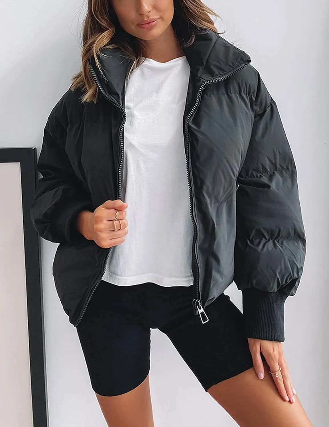 UANEO Puffer Jacket Womens Oversized Cropped Puffy Quilted Winter Jackets Coat