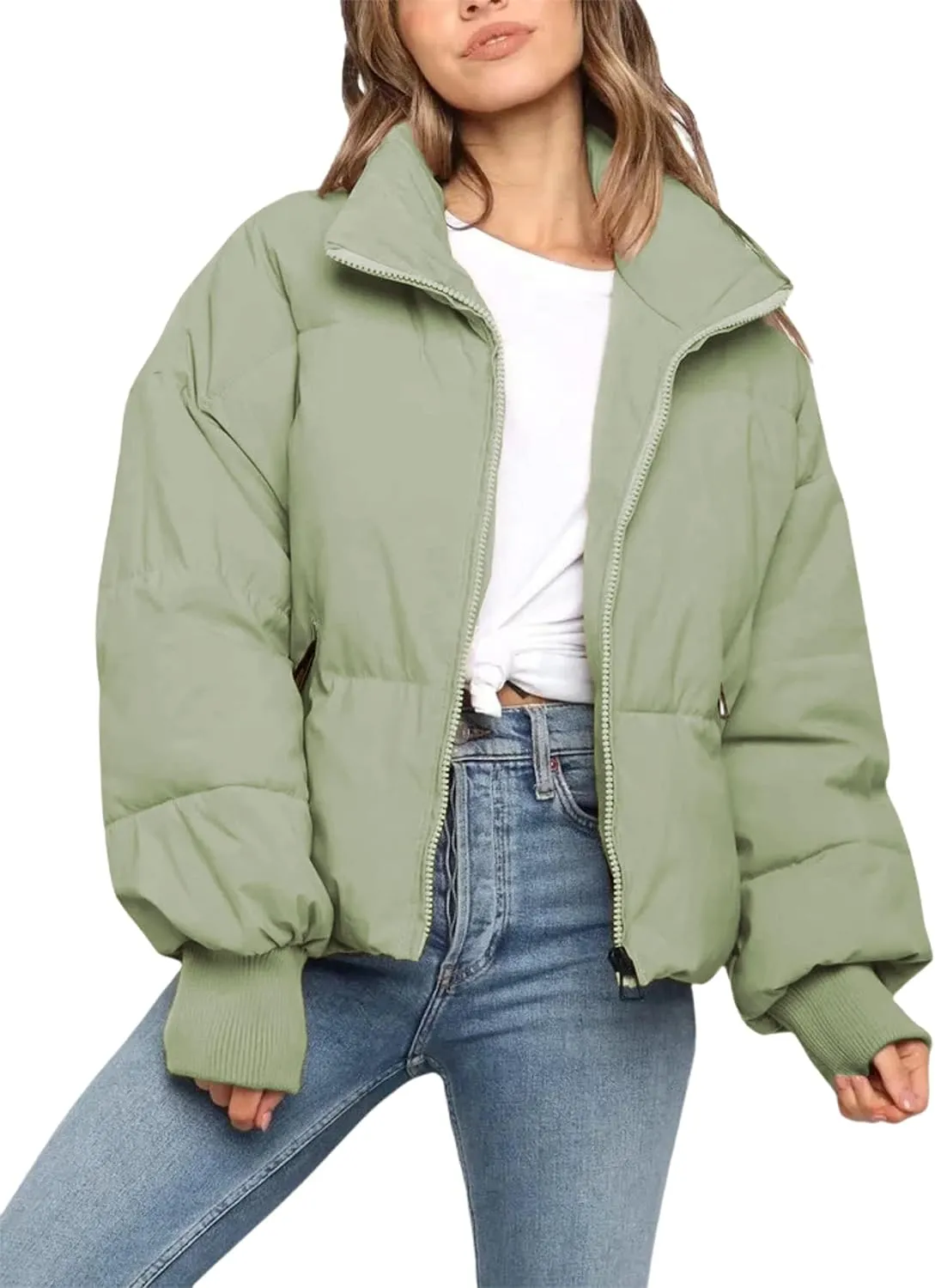UANEO Puffer Jacket Womens Oversized Cropped Puffy Quilted Winter Jackets Coat