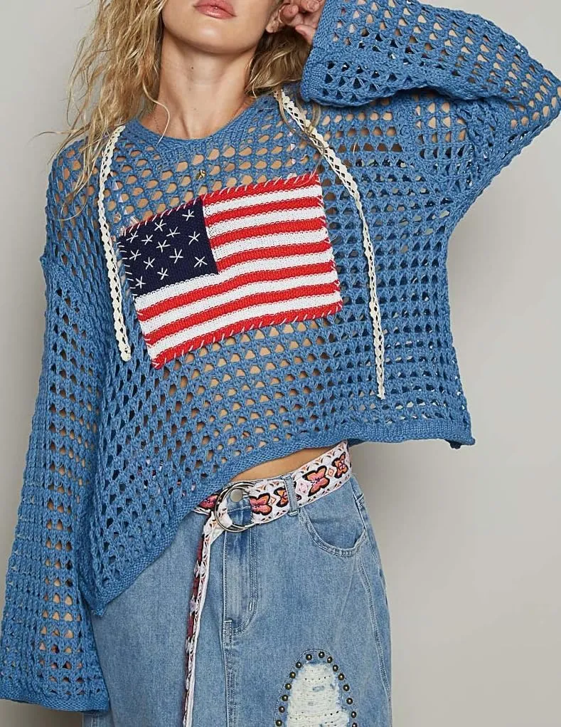 UAURORAO Women American Flag Sweater Crochet Long Sleeve Knit Hoodie Oversized Patriotic Sweatshirt Cover Up Beachwear