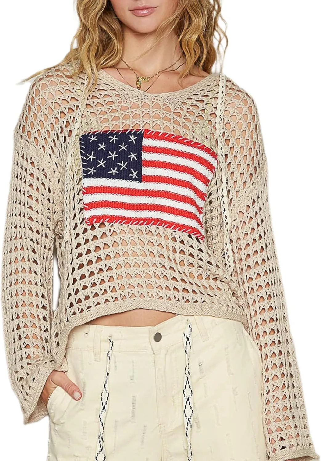 UAURORAO Women American Flag Sweater Crochet Long Sleeve Knit Hoodie Oversized Patriotic Sweatshirt Cover Up Beachwear