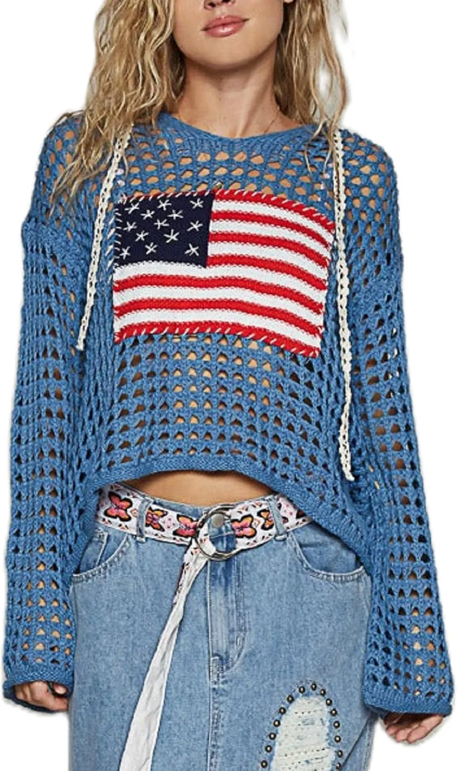 UAURORAO Women American Flag Sweater Crochet Long Sleeve Knit Hoodie Oversized Patriotic Sweatshirt Cover Up Beachwear