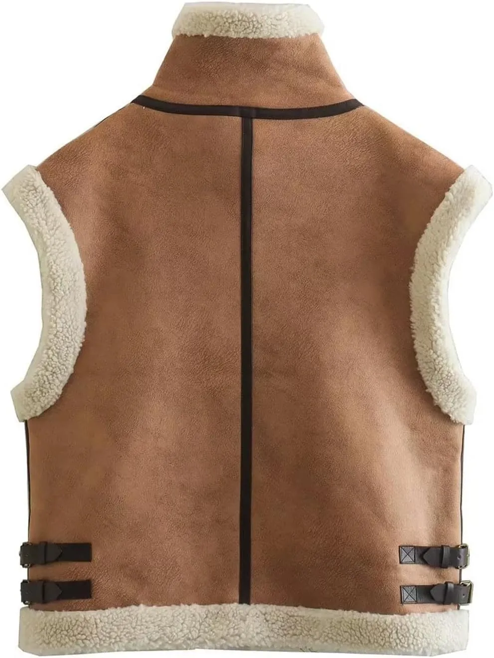 Uillui Women's Winter Trendy Crop Sherpa Lined Suede Leather Vest Jacket Zip Up Sleeveless Lambwool Fur Coat with Pockets