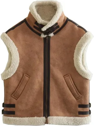 Uillui Women's Winter Trendy Crop Sherpa Lined Suede Leather Vest Jacket Zip Up Sleeveless Lambwool Fur Coat with Pockets