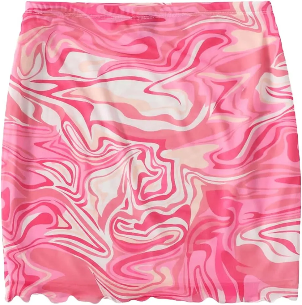 Verdusa Women's Floral Mesh Overlay Elastic Waist Bodycon Mini Skirt